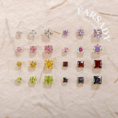 Color Square Zircon - F136 Titanium Colorful CZ Replacement Tops / Fits Threadless Ear Studs