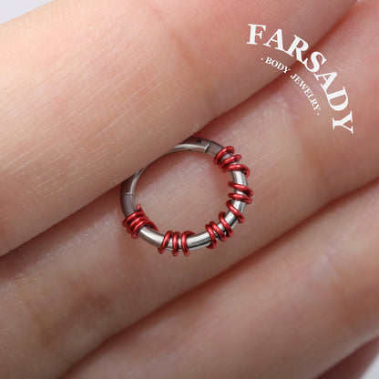 Scarlet Coil - Red Wire Spike Hinged Clicker Hoop / Fits 16G Septum Ring Helix Conch Cartilage Earring