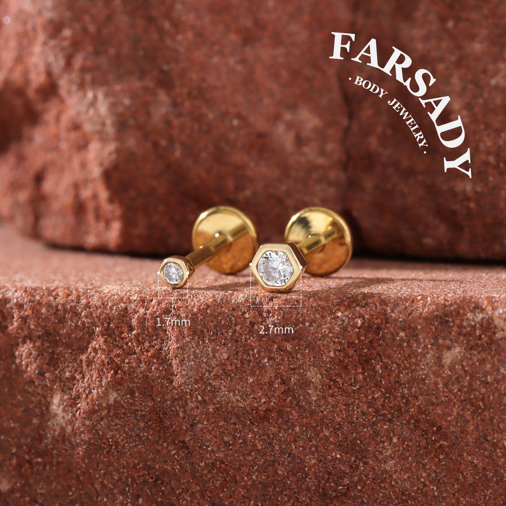 Dual Hexa - Solid 14K Gold Threadless Stud / Fits Cartilage Helix Tragus Lobe Nostril Piercing