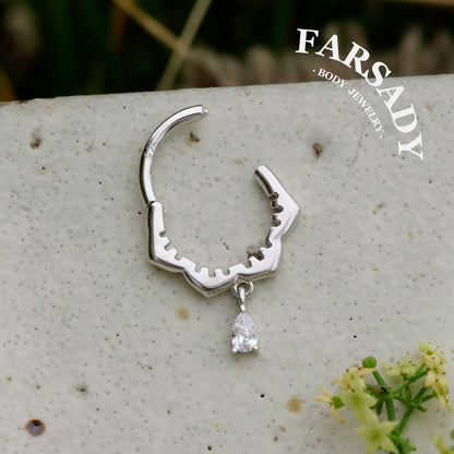 Sterling Silver  Dangle Flower Septum Ring/ Moissanite Septum Piercing Jewelry/ 16G Daith Hoop Earring/8mm Helix Tragus Cartilage Hoop Earring
