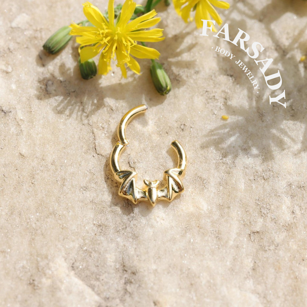 16G Bat Septum Ring Hinged Daith Earring Shine Nostril Clicker Nose Hoop Silver Gold Black Colors Daily Wear Piercing Jewelry Individually Packaged Gift for Her