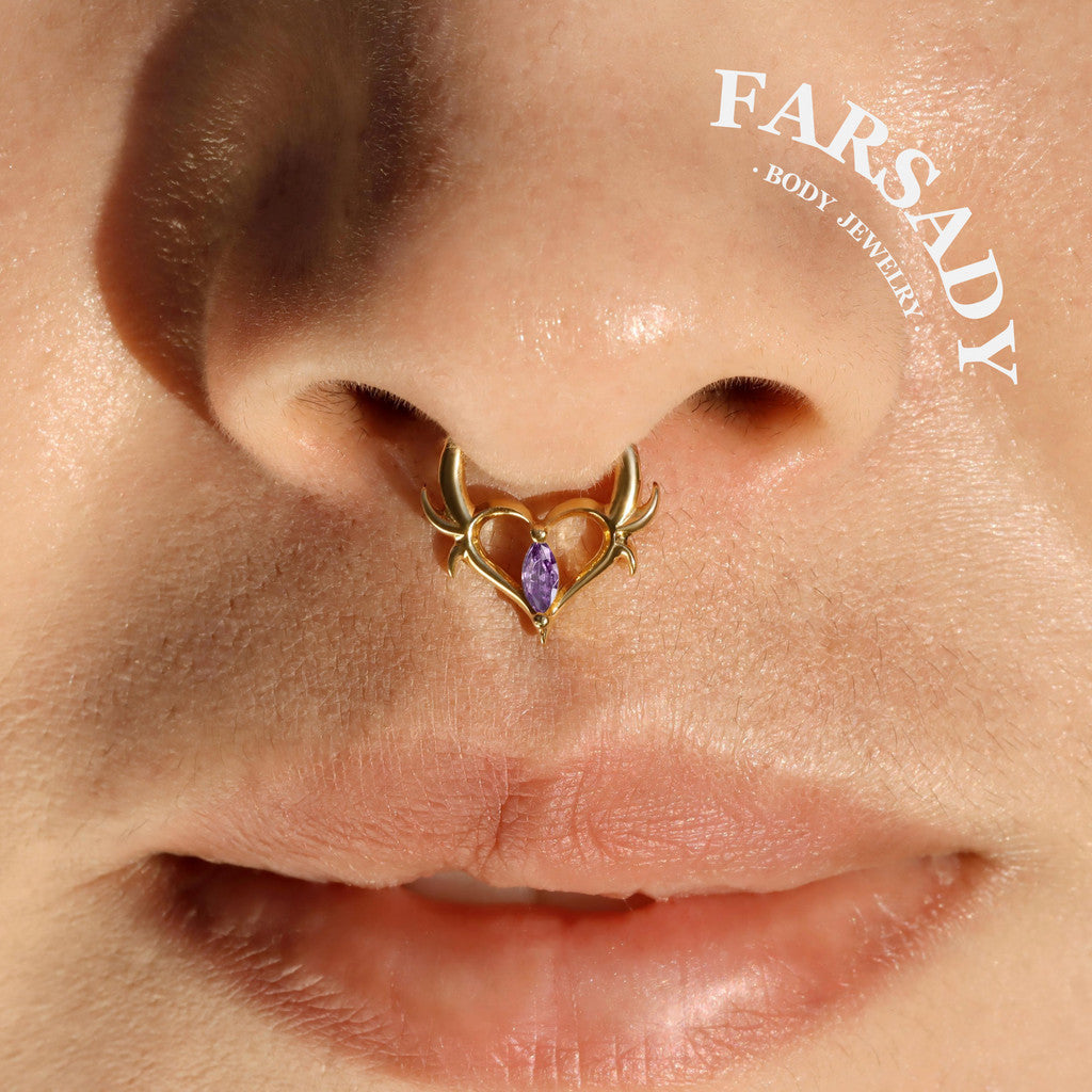 16G Heart Thorn Hinged Daith Earring Hoop, Gothic Purple CZ Septum Ring, Edgy Helix Tragus Conch Clicker  Sterling Silver, Original Design