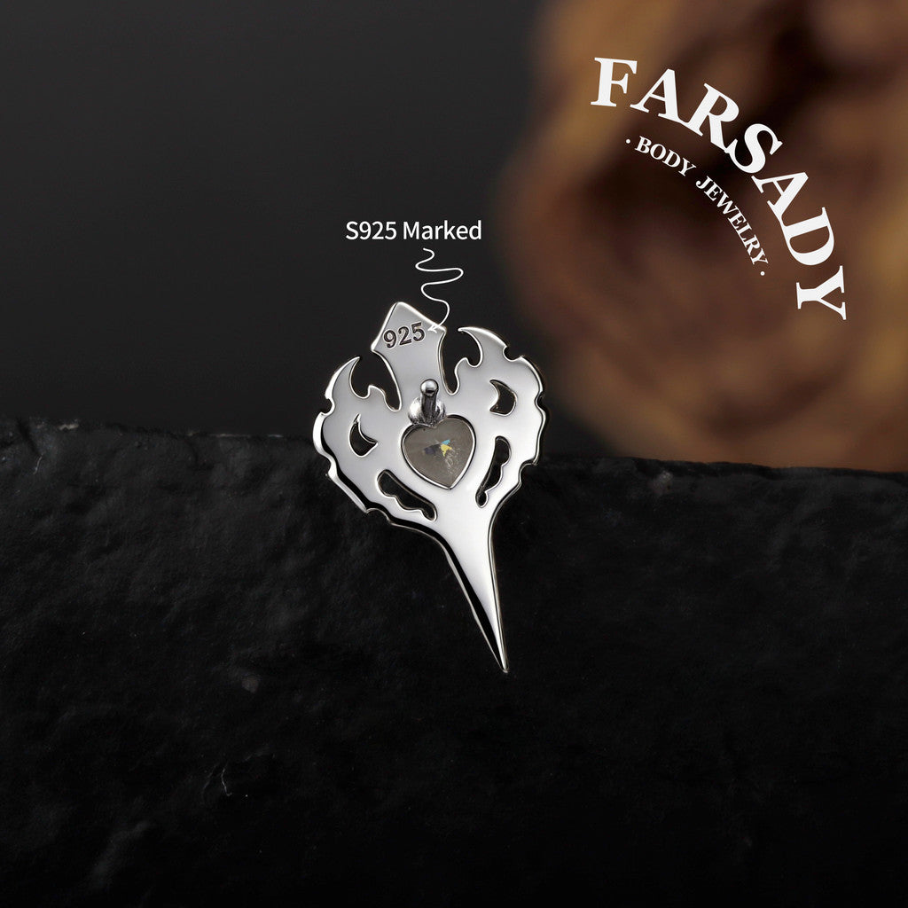 Sterling Silver Flame Heart Sword Threadless Helix Stud• 925 Silver & F136 Titanium Earrings• Romantic Gothic Jewelry• Flat Back Cartilage Tragus Jewelry