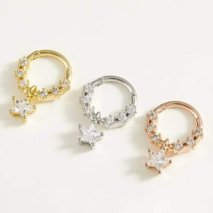 Star Chain - CZ Dangle Hinged Clicker Hoop / Fits 16G Septum Ring Helix Conch Cartilage Earring