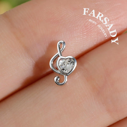 Melody Heart - 925 Silver Threadless Stud / Fits Cartilage Helix Tragus Lobe Nostril Piercing
