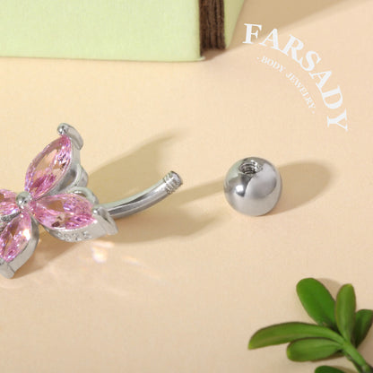 Pink Butterfly Trail - 925 Silver Pink CZ Belly Button Ring / Fits 14G Navel Piercing