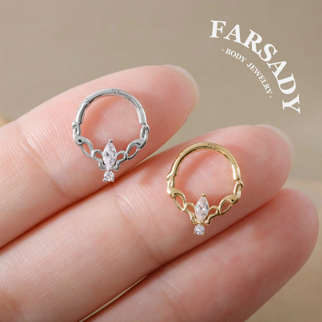 Ivy Halo - Solid 14K Gold Hinged Clicker Hoop / Fits 16G Septum Ring Helix Conch Cartilage Earring