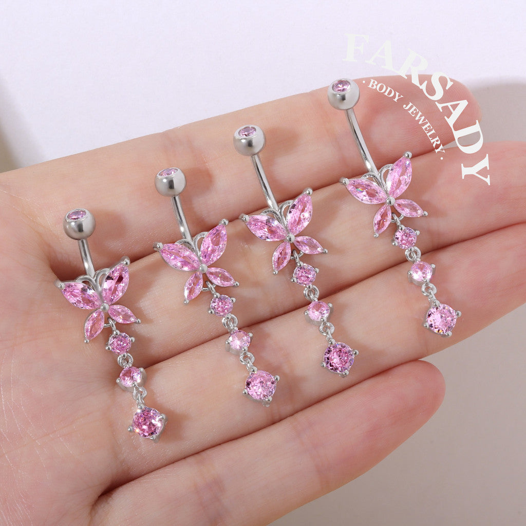 Pink Butterfly Trail - 925 Silver Pink CZ Belly Button Ring / Fits 14G Navel Piercing