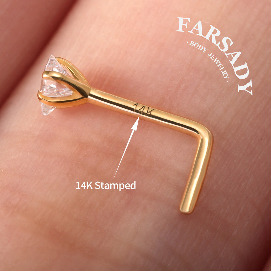 Minimal Heart & Star CZ - Solid 14K Gold L-Shape Stud / Fit 20G Nostril Piercing