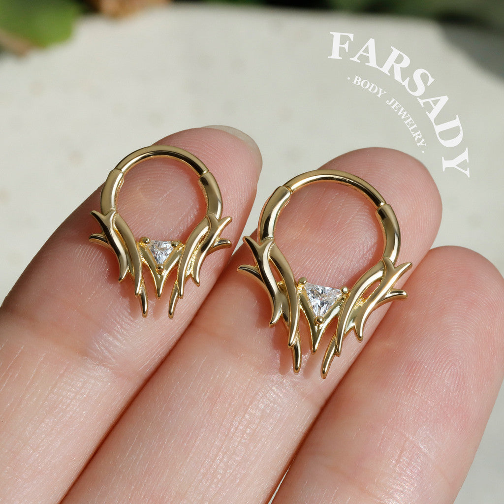 16G Thron Theme Septum Ring with Triangle Stone: Original Design Daith Earring Hoop, 8/10mm Hinged Septum Clicker, 316L Steel Nose Ring Hoop