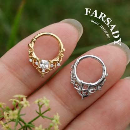 Byzantine Art Septum Ring Sterling Silver Plated 18k Gold/ 16G Hinged Septum Clicker/ 8mm Daith Hoop Earring/ Helix Tragus Piercing Jewelry