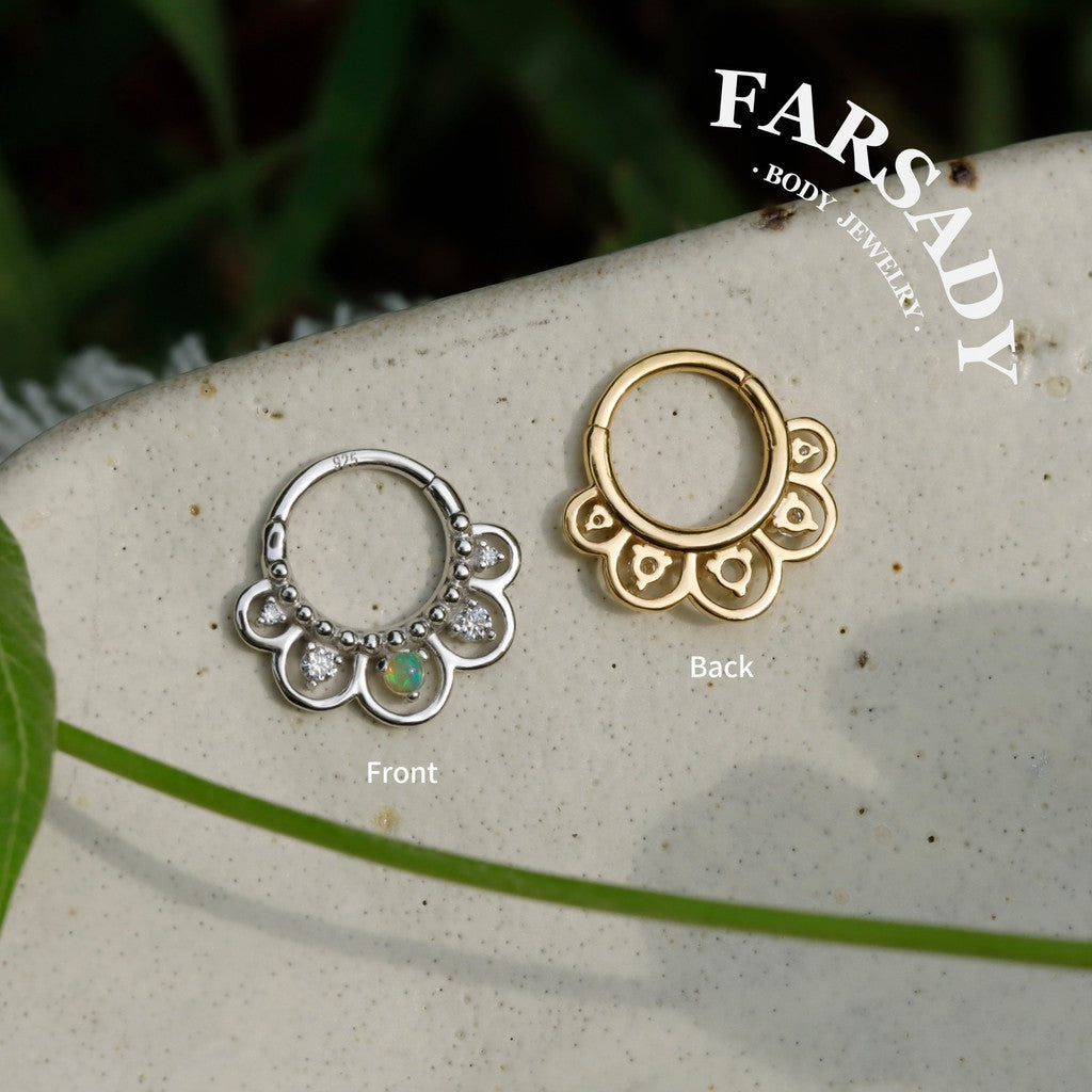 16G Nature Opal Flower Septum Ring,Real Opal Hinged Septum Clicker,925 Sterling Silver Plated 18k Gold,Gold Daith Earring Hoop,Helix Tragus Hoop