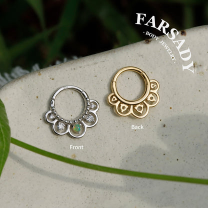 16G Nature Opal Flower Septum Ring,Real Opal Hinged Septum Clicker,925 Sterling Silver Plated 18k Gold,Gold Daith Earring Hoop,Helix Tragus Hoop
