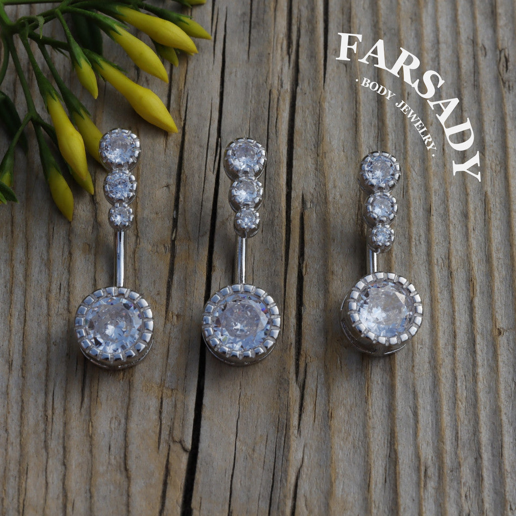 14G Sterling Silver Triple CZ Belly Button Ring - S925 Clear CZ 8mm 10mm 12mm  Navel Body Piercing Jewelry - Non Healed Piercing Friendly Body Jewelry