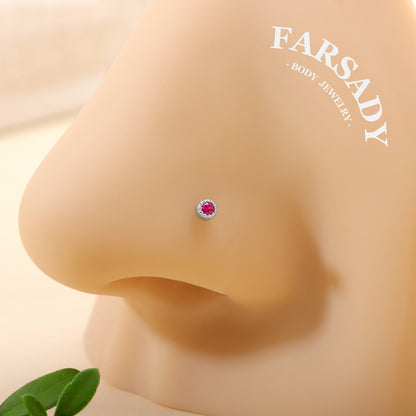 Colored Bezel Round CZ - 925 Silver L-Shape Stud / Fit 20G Nose Piercing