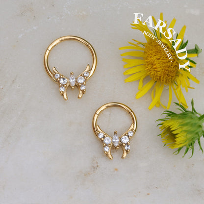 Fairy Wing - CZ Hinged Clicker Hoop / Fits 16G Septum Ring Helix Conch Cartilage Earring