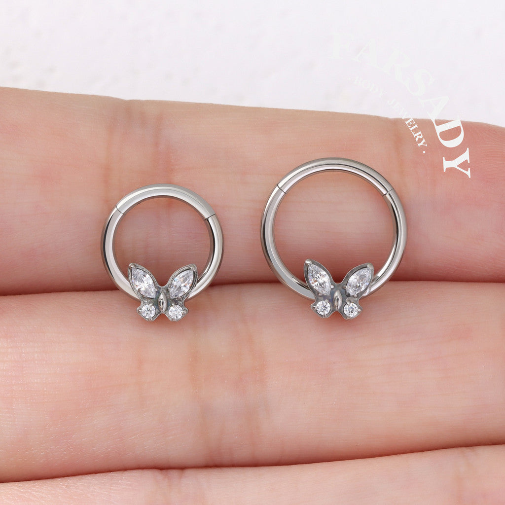 Crystal Flutter - F136 Titanium Hinged Clicker Hoop / Fits 16G Septum Ring Helix Conch Cartilage Earring