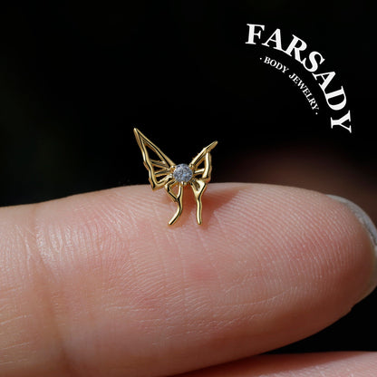 Wisp Moth - 925 Silver Threadless Stud / Fits Cartilage Helix Tragus Lobe Piercing