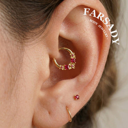 16G Steel Flower Septum Nose Ring, Silver Daith Hoop Earring, Original Design Hinged Septum Clicker, Helix Tragus Lobe Hoop Earrings 8mm