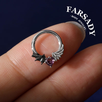 S925 Silver Purple CZ Heart Septum Ring 16G Angel Devil Design Hinged Daith Ear Hoop Gothic Style Body Piercing Jewelry