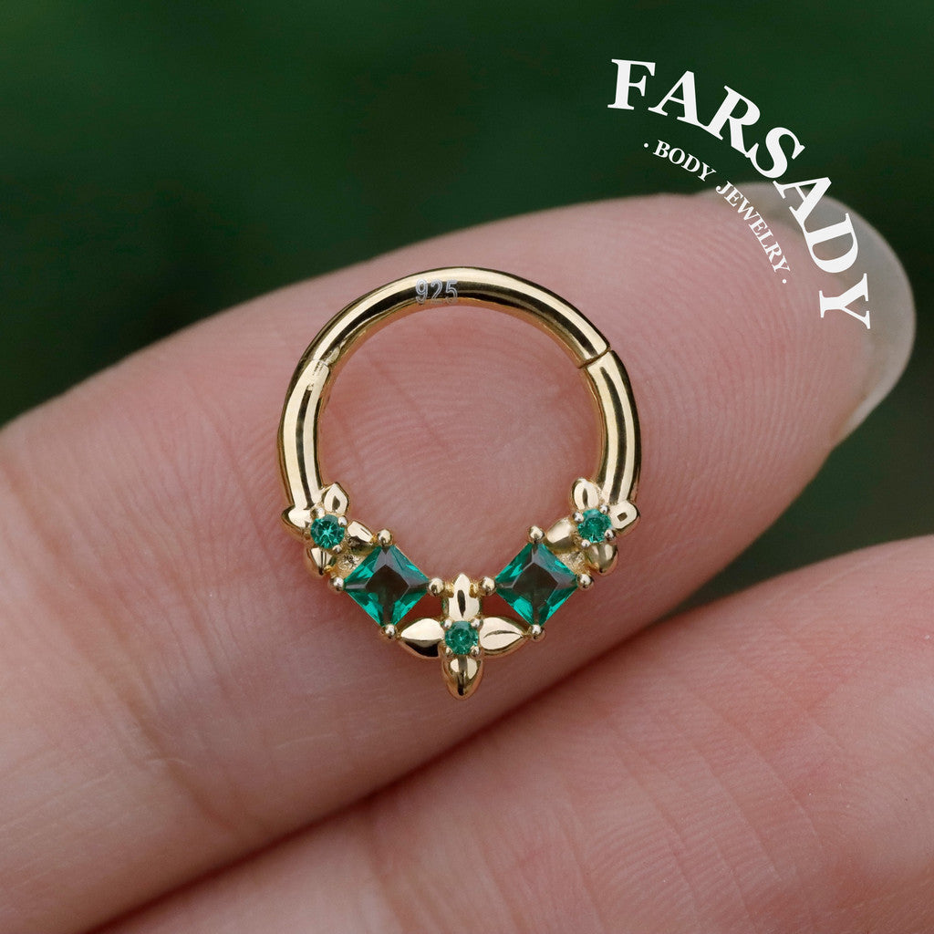 Sterling Silver Flower Green Zircon Daith Hoop Earrings Handmade Daith Piercing Jewelry Hinged Septum Ring Unique Helix Tragus Lobe Cartilage Earrings Daily Wear Gift for Her