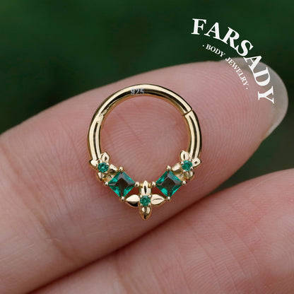 Sterling Silver Flower Green Zircon Daith Hoop Earrings Handmade Daith Piercing Jewelry Hinged Septum Ring Unique Helix Tragus Lobe Cartilage Earrings Daily Wear Gift for Her
