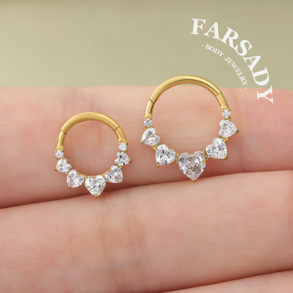 16G Titanium 5 Heart CZ Septum Ring & Hoop Earring | Hinged Clicker for Daith, Helix and Tragus  | Elegant Sparkling CZ Piercing Jewelry in Silver & Gold, Daily Wear with Gift Box