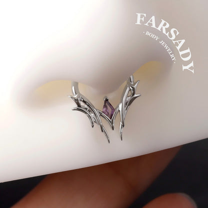 Thorn Diamond Shape Amethyst CZ Septum Ring Sterling Silver Plated 18K Gold Alt Fashion Sharp Spike Daith Earring Helix Tragus Conch Hoop Daily Wear Gothic Gift Jewelry