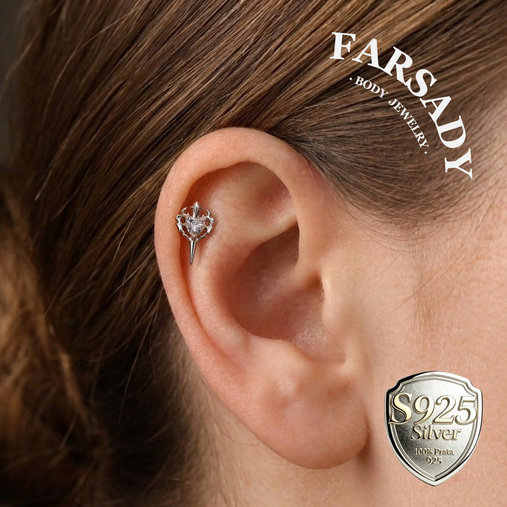 Sterling Silver Flame Heart Sword Threadless Helix Stud• 925 Silver & F136 Titanium Earrings• Romantic Gothic Jewelry• Flat Back Cartilage Tragus Jewelry