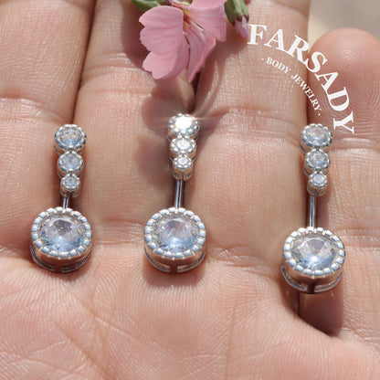 14G Sterling Silver Triple CZ Belly Button Ring - S925 Clear CZ 8mm 10mm 12mm  Navel Body Piercing Jewelry - Non Healed Piercing Friendly Body Jewelry