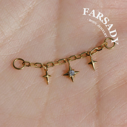 Star Dangle Earring Chain Sterling Silver/  Industrial Barbell Triple Stars Charm Chain/18K Gold Plated Helix Conch Lobe Nose Piercing Chain