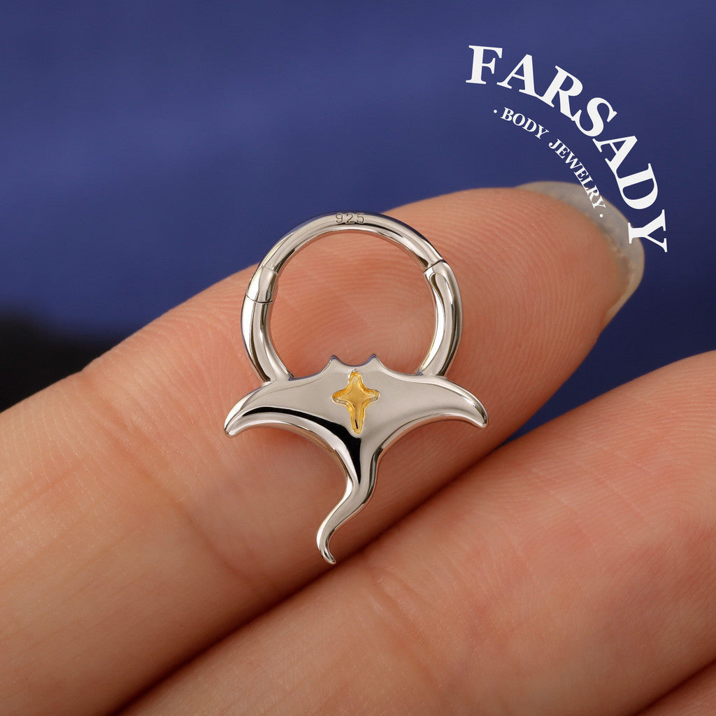 Manta Annulus - 925 Silver Hinged Clicker Hoop / Fits 16G Septum Ring Helix Conch Daith Earring