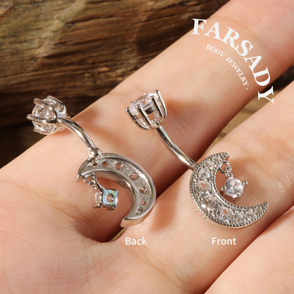 Lunar Whisper - 925 Silver Clear CZ Belly Button Ring / Fits 14G Navel Piercing