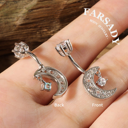 Lunar Whisper - 925 Silver Clear CZ Belly Button Ring / Fits 14G Navel Piercing