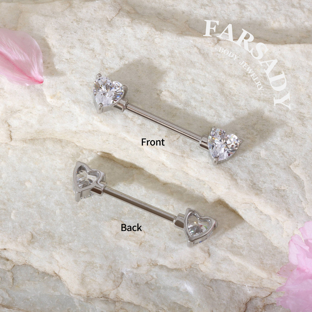 Prong Heart Crystal - 2PCS Clear CZ Straight Barbell / Fits 16G Chest Piercing Nose Bridge