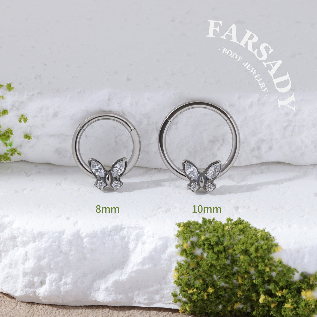 Crystal Flutter - F136 Titanium Hinged Clicker Hoop / Fits 16G Septum Ring Helix Conch Cartilage Earring