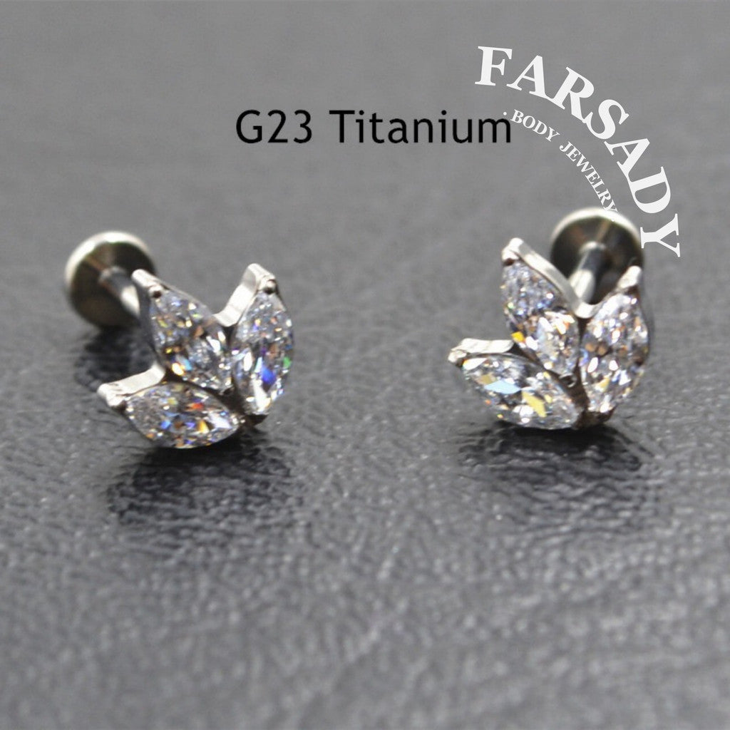 Three Marquise Leaf - F136 Titanium Internally Threaded Stud / Fits Cartilage Helix Tragus Lobe Nostril Piercing