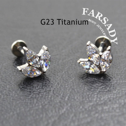 Three Marquise Leaf - F136 Titanium Internally Threaded Stud / Fits Cartilage Helix Tragus Lobe Nostril Piercing