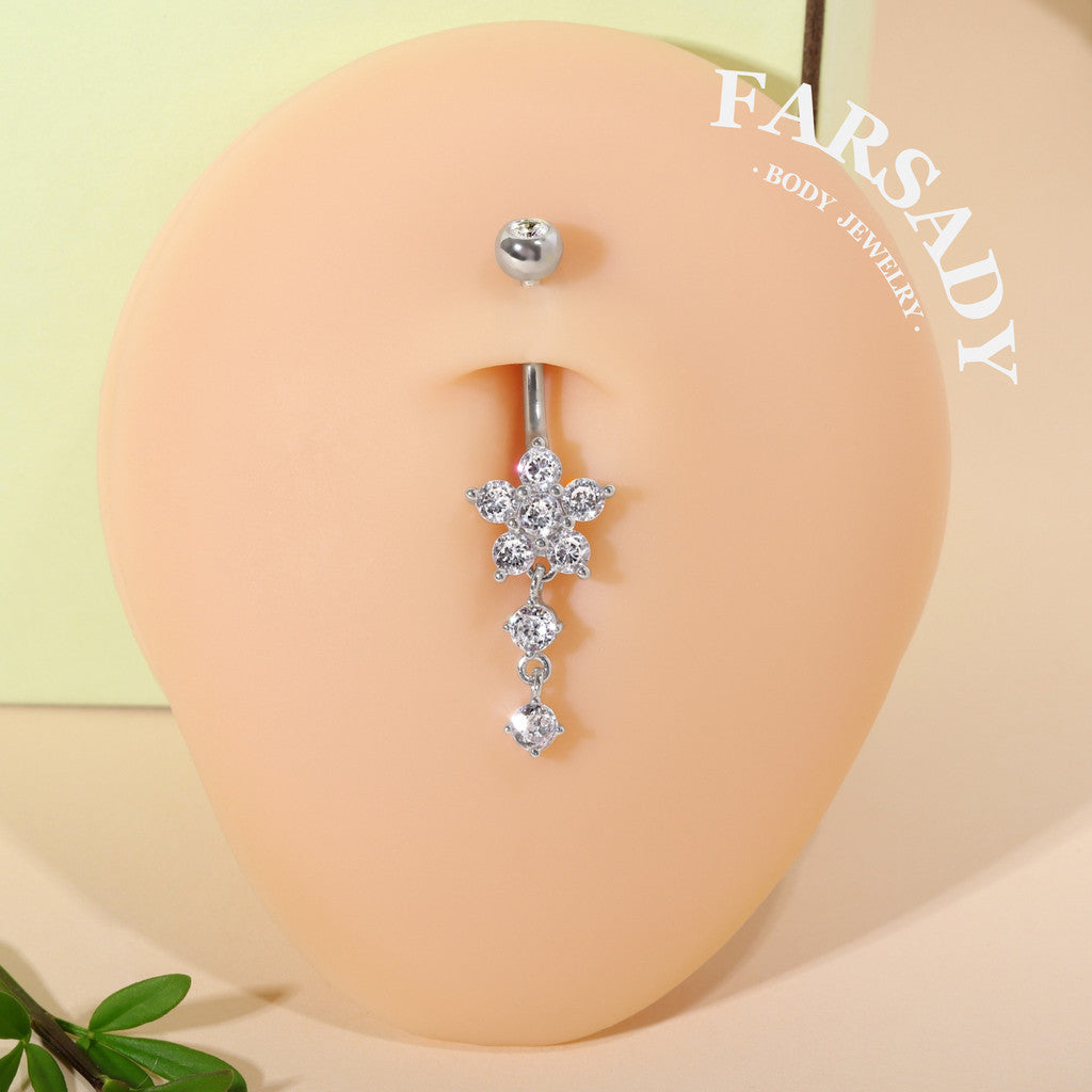 Snowflake Dew Trail - 925 Silver Clear CZ Belly Button Ring / Fits 14G Navel Piercing