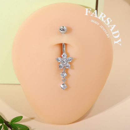 Snowflake Dew Trail - 925 Silver Clear CZ Belly Button Ring / Fits 14G Navel Piercing