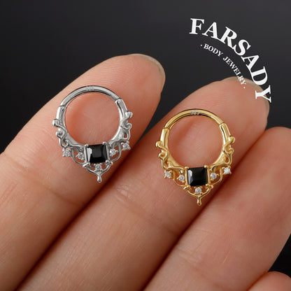 Black CZ Byzantine Design Septum - 925 Sterling Silver Septum Ring| Hinged Segment Clicker| Nose/Helix/Daith/Lobe Clicker | Gold or Silver