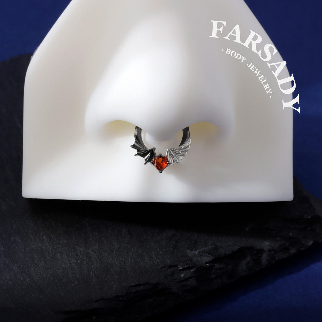 16G Angel Vs Devil Septum Ring S925 Sterling Silver Red CZ Heart Septum Jewelry Hinged Heart Daith Ear Hoop Gothic Helix Piercing Daily Wear Gift for Her