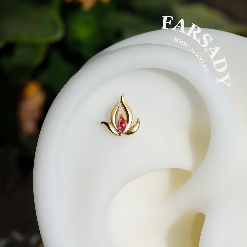 Pink Lotus Threadless Push In Helix Stud, Sterling Silver Cartilage Stud, Flat Back Titanium Post, Design Flower Tragus/ Lobe/ Lip Earring