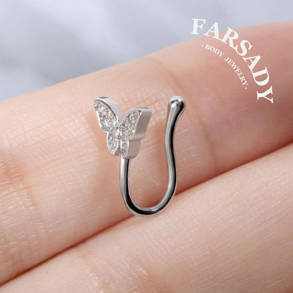 Crystal Winglet Hook - 925 Silver Fake Nose Ring / Fit Non-Pierced Nose Ring