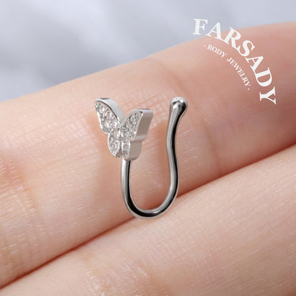 Crystal Winglet Hook - 925 Silver Fake Nose Ring / Fit Non-Pierced Nose Ring