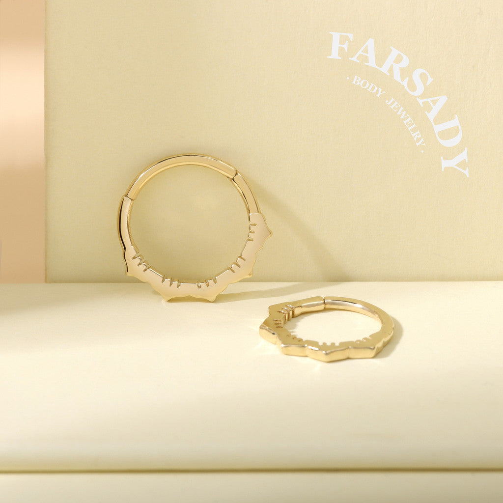 Floral Edge - Solid 14K Gold Hinged Clicker Hoop / Fits 16G Septum Ring Helix Conch Cartilage Earring