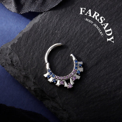 Dusk Fan - 925 Silver CZ Hinged Clicker Hoop / Fits 16G Septum Ring Helix Conch Daith Earring