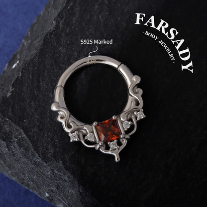 16G Red Gem Gothic Cathedral Daith Earring: 925 Silver Septum Ring Unique Design, Gold Helix Tragus Conch Lobe Clicker Hoop 18K Gold Plated