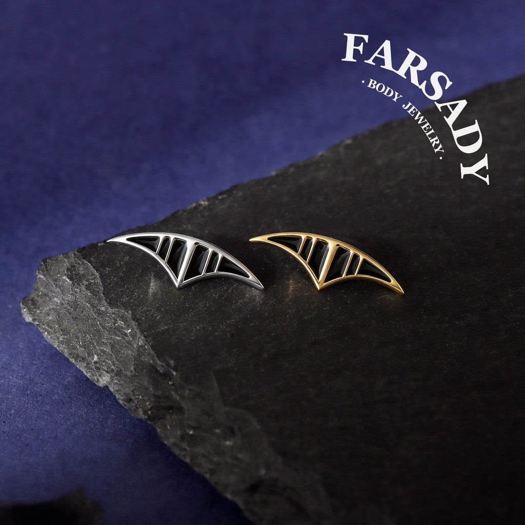 Sterling Silver Lunar Eclipse Threadless Flat Back Stud, Black Enamel Cartilage Earring for Helix, Tragus, Conch, Daith, Rook, Lobe Piercing Jewelry, Hypoallergenic Piercing Gift