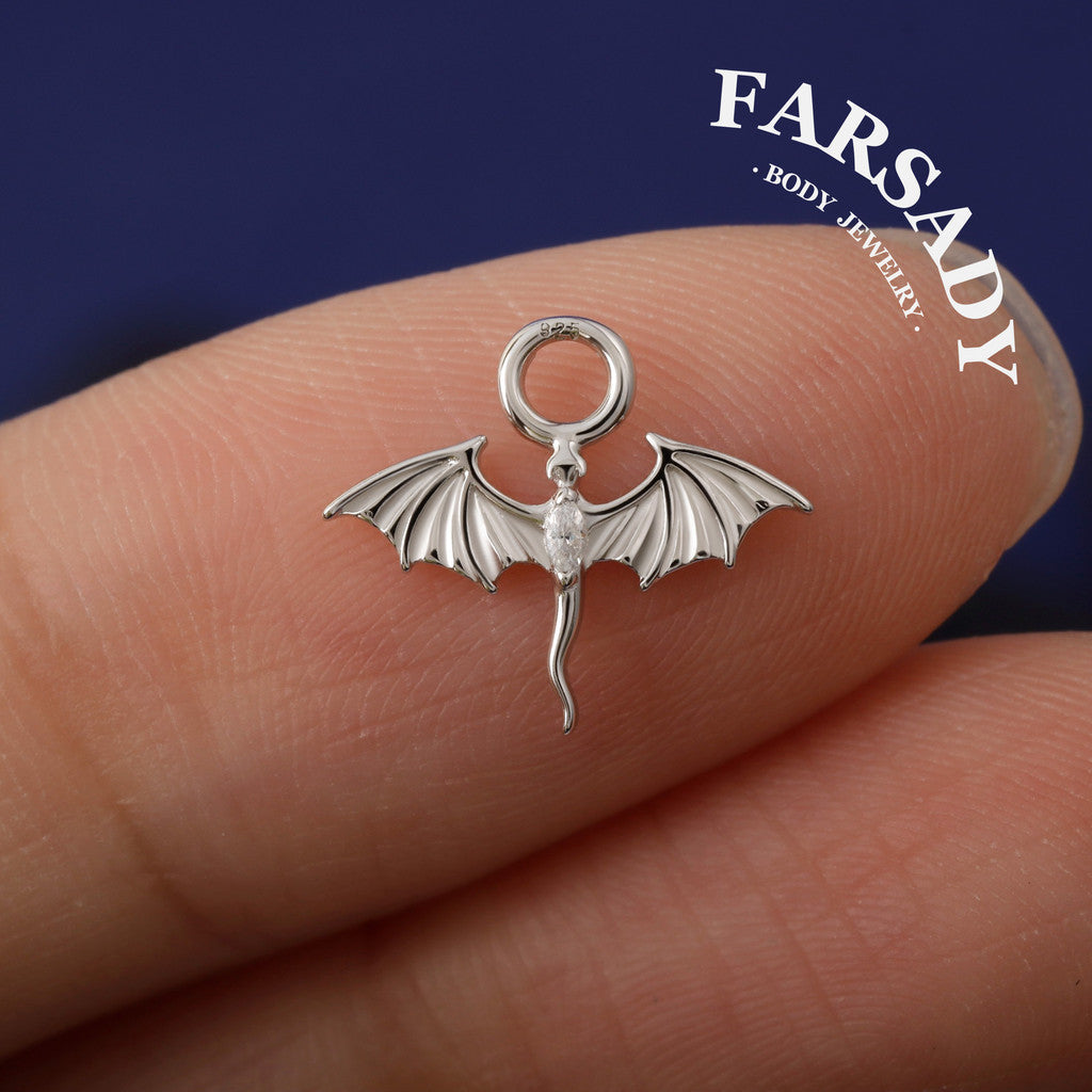 Fly Dragon White CZ Drop Hoop Earring Charm in Sterling Silver, Lobe/ Helix/ Rook Conch Hoop Charm, Belly Ring Dangle, Customize your style